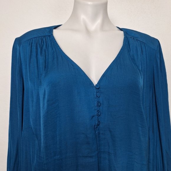 Joie Blue Bohemian Lagenlook Round Hem Long Bell Sleeve Hi Low Blouse Size 2X - Picture 2 of 14